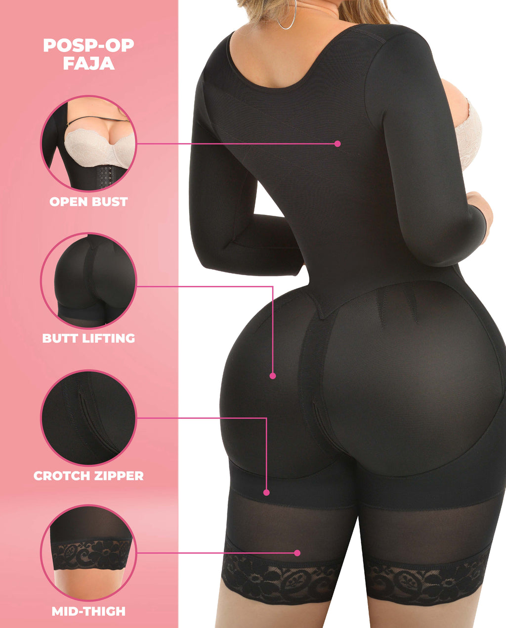 Megan 9564 Stage 4 Colombian Above-Knee Faja/Body Shaper with Sleeves – Black, photo 3
