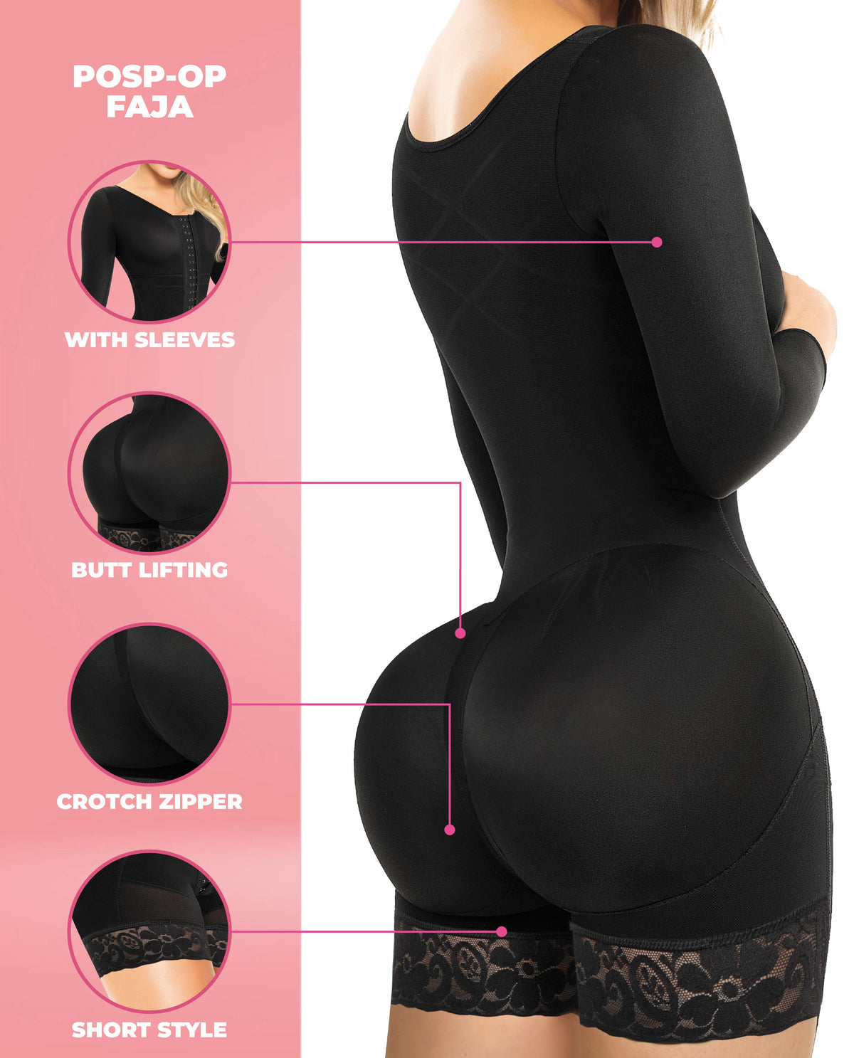 Lexi 9573 Stage 4 Colombian Short-Leg Faja/Body Shaper with Sleeves – Black