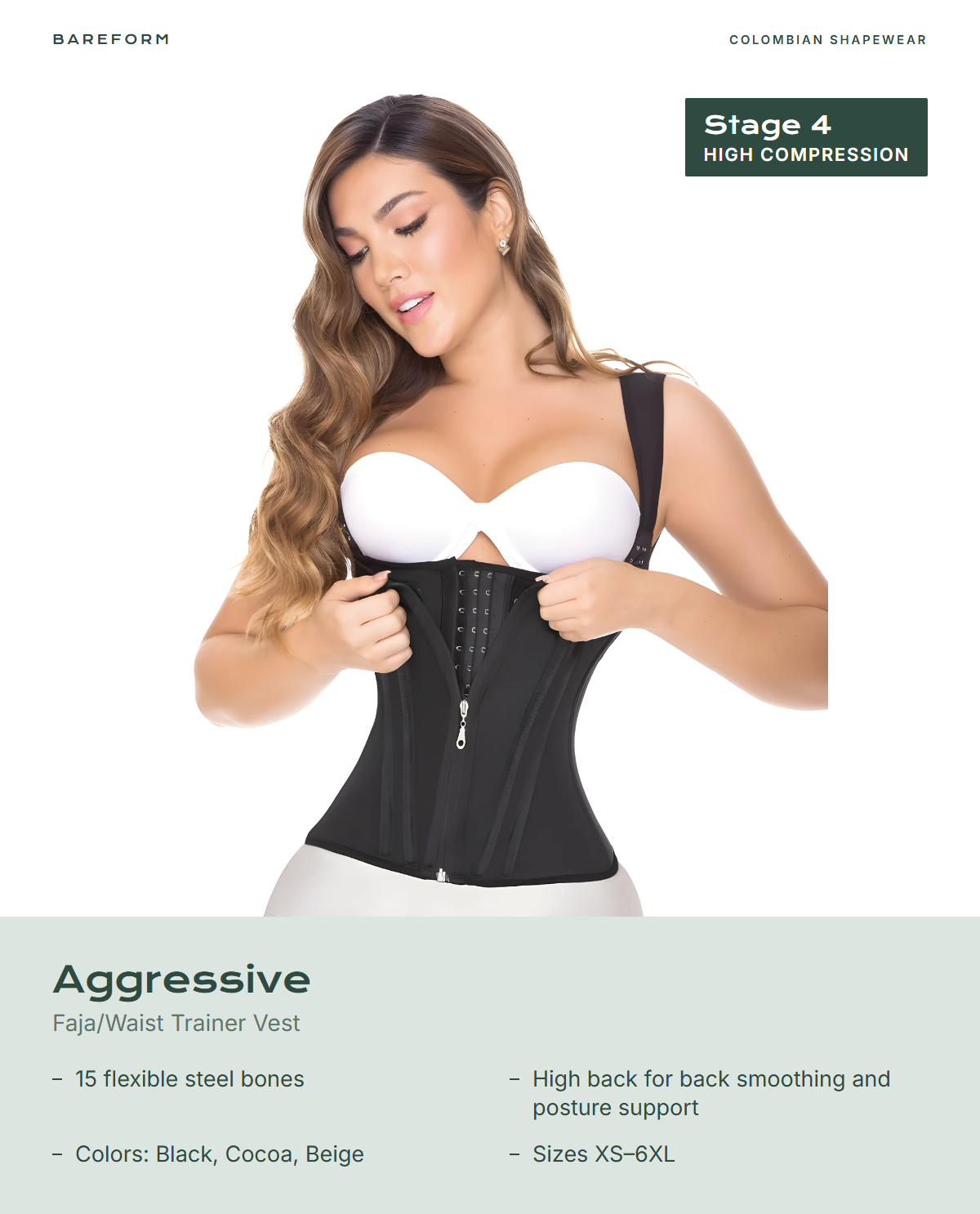 Aggressive Faja/Waist Trainer Vest – features: 15 flexible steel bones, High back for back smoothing and posture support, Colors: Black, Cocoa, Beige, Sizes XS–6XL