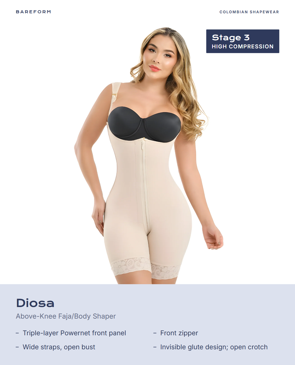 Diosa Above-Knee Faja/Body Shaper – features: Triple-layer Powernet front panel, Front zipper, Wide straps, open bust, Invisible glute design; open crotch