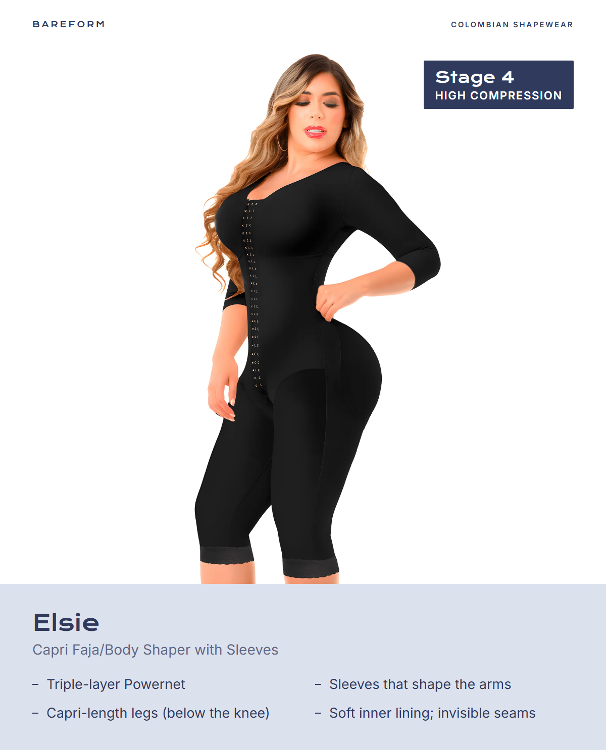 Elsie Capri Faja/Body Shaper with Sleeves – features: Triple-layer Powernet, Sleeves that shape the arms, Capri-length legs (below the knee), Soft inner lining; invisible seams