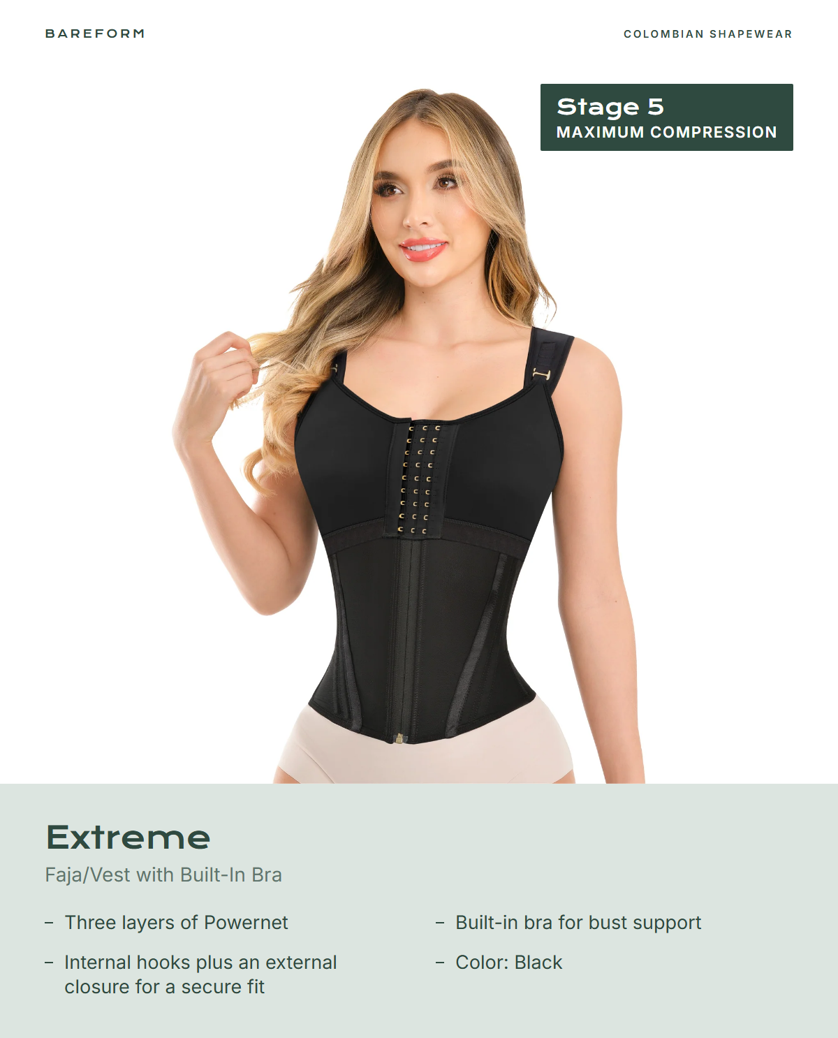 Extreme Faja/Vest with Built-In Bra – features: Three layers of Powernet, Built-in bra for bust support, Internal hooks plus an external closure for a secure fit, Color: Black