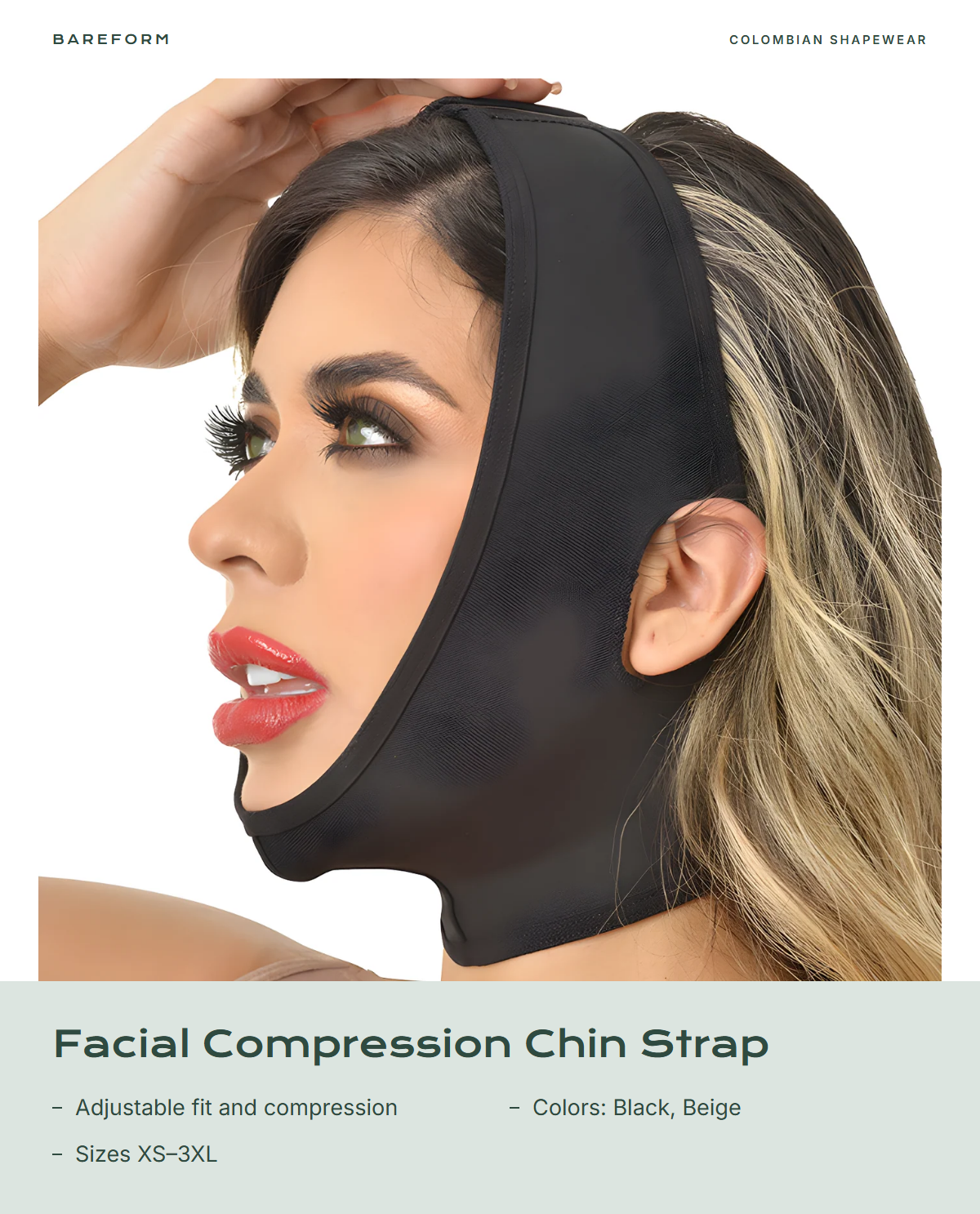 Facial Compression Chin Strap – features: Adjustable fit and compression, Colors: Black, Beige, Sizes XS–3XL