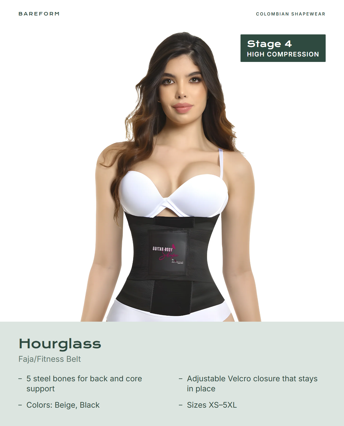 Hourglass Faja/Fitness Belt – features: 5 steel bones for back and core support, Adjustable Velcro closure that stays in place, Colors: Beige, Black, Sizes XS–5XL