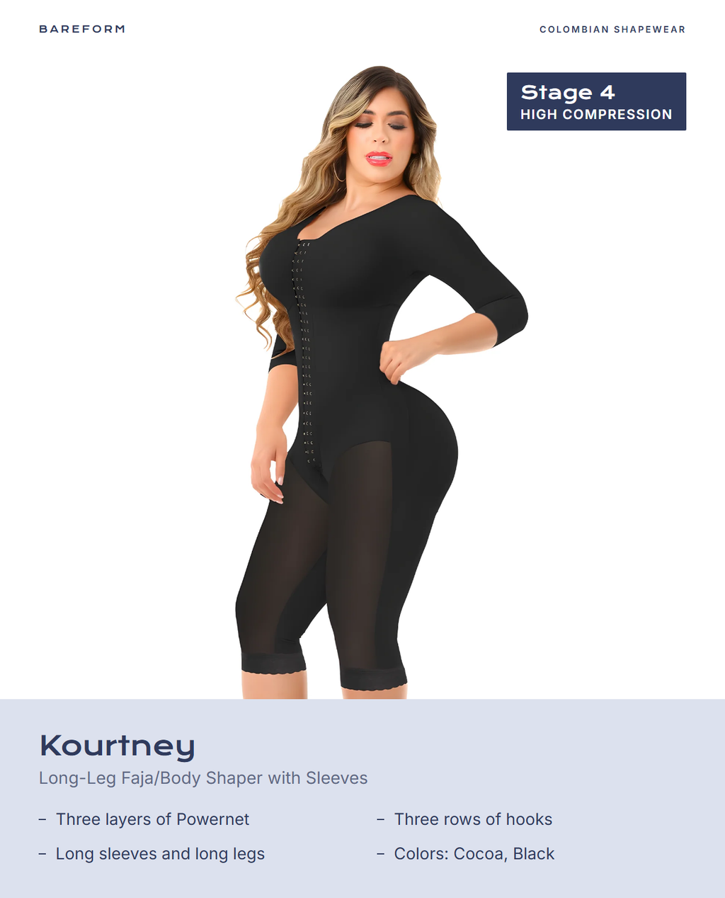 Kourtney Long-Leg Faja/Body Shaper with Sleeves – features: Three layers of Powernet, Three rows of hooks, Long sleeves and long legs, Colors: Cocoa, Black
