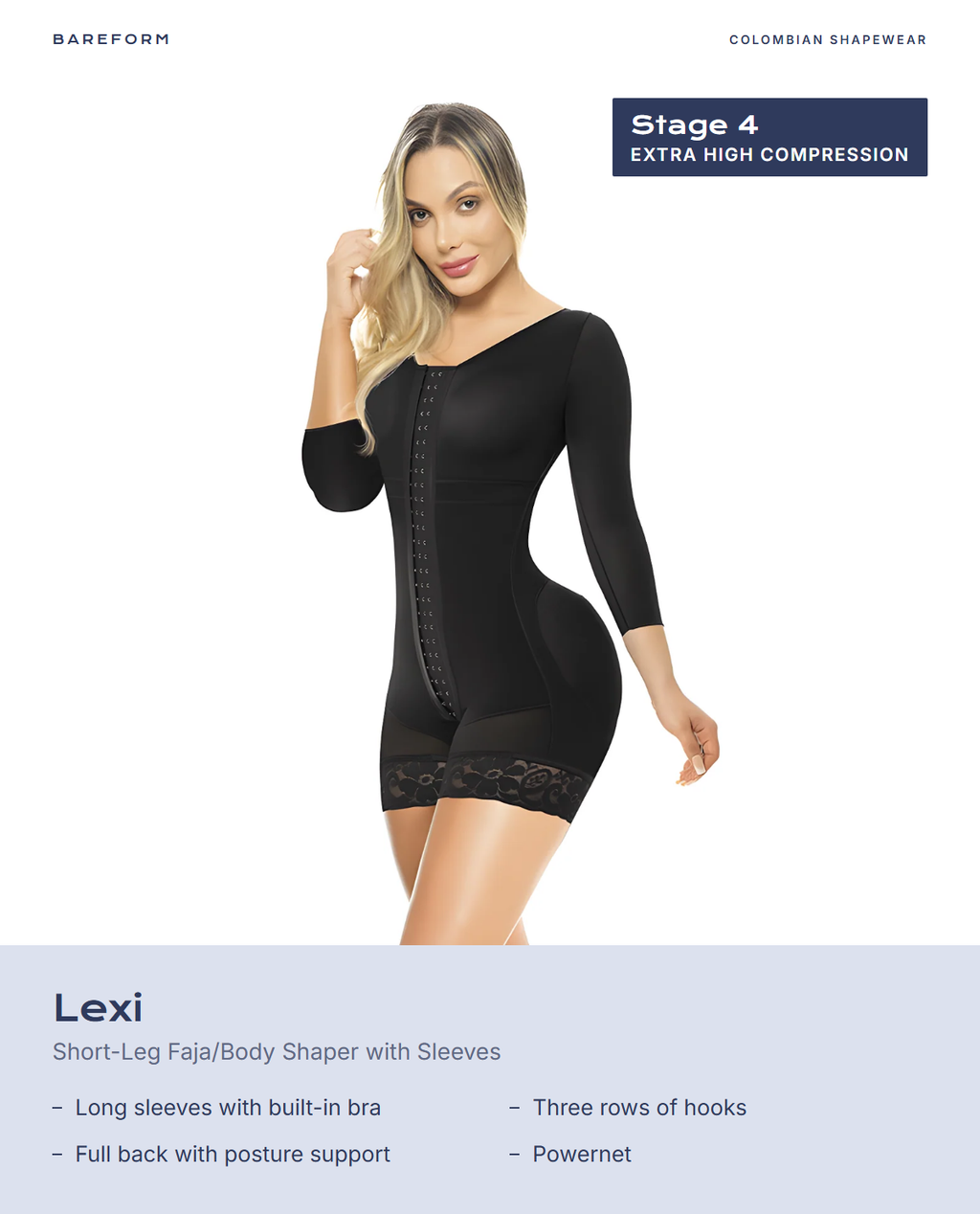 Lexi Short-Leg Faja/Body Shaper with Sleeves – features: Long sleeves with built-in bra, Three rows of hooks, Full back with posture support, Powernet
