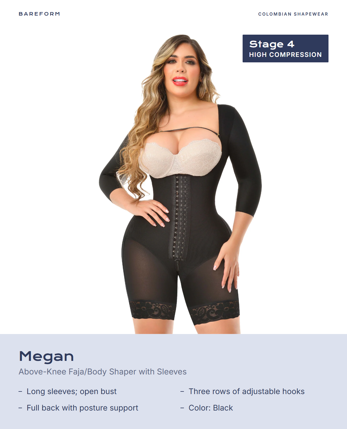 Megan Above-Knee Faja/Body Shaper with Sleeves – features: Long sleeves; open bust, Three rows of adjustable hooks, Full back with posture support, Color: Black