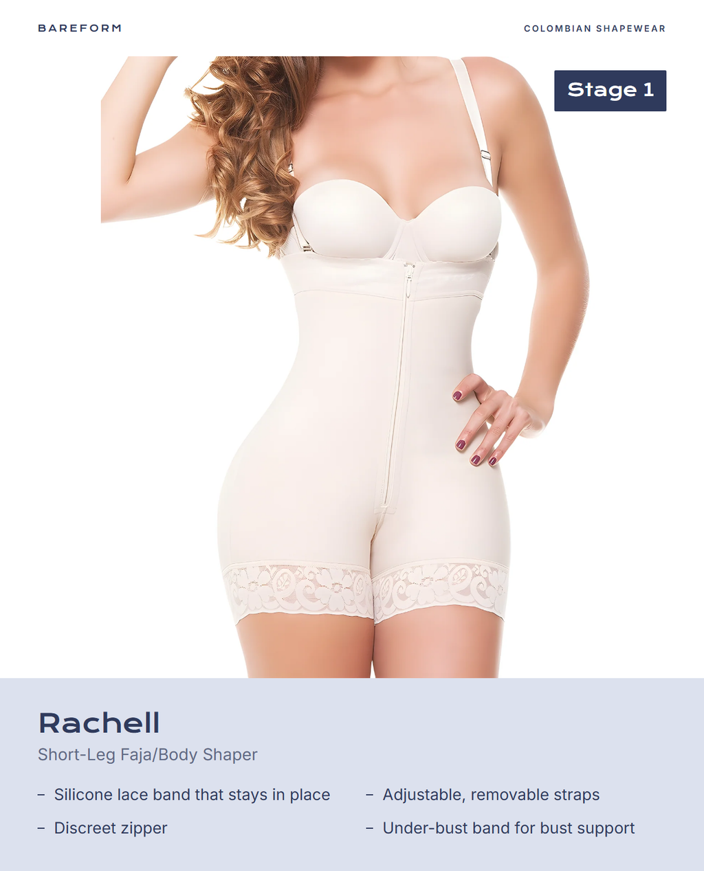 Rachell Short-Leg Faja/Body Shaper – features: Silicone lace band that stays in place, Adjustable, removable straps, Discreet zipper, Under-bust band for bust support