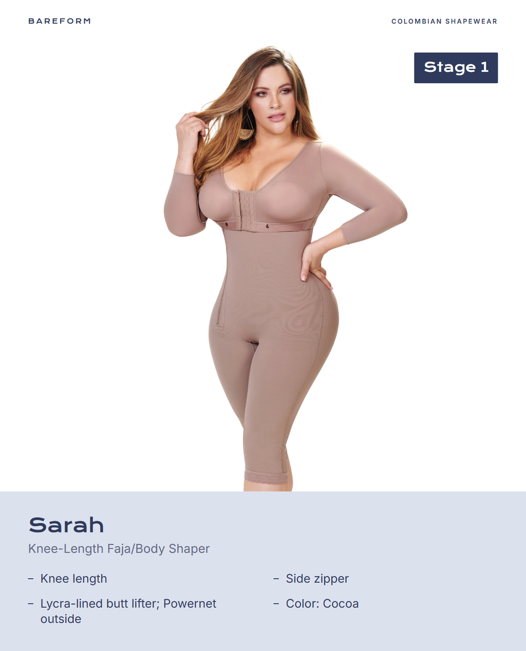 Sarah Knee-Length Faja/Body Shaper – features: Knee length, Side zipper, Lycra-lined butt lifter; Powernet outside, Color: Cocoa