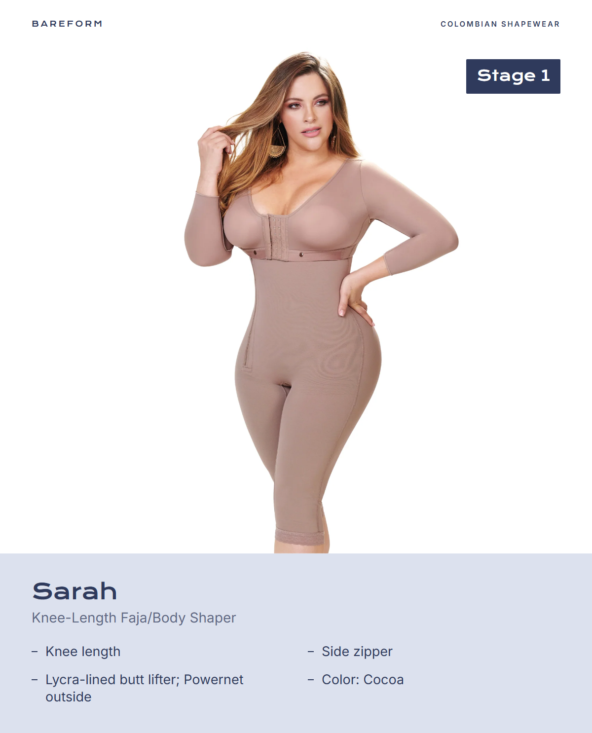 Sarah Knee-Length Faja/Body Shaper – features: Knee length, Side zipper, Lycra-lined butt lifter; Powernet outside, Color: Cocoa