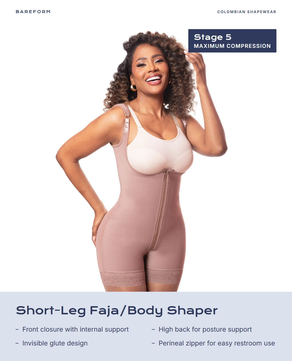 Short-Leg Faja/Body Shaper – features: Front closure with internal support, High back for posture support, Invisible glute design, Perineal zipper for easy restroom use