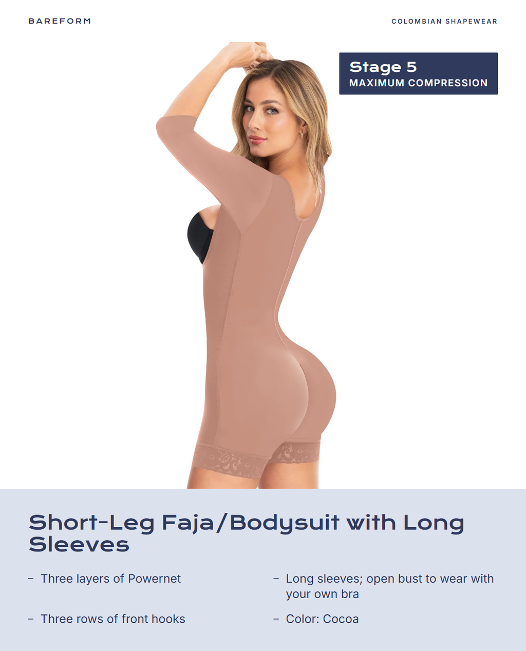 Short-Leg Faja/Bodysuit with Long Sleeves – features: Three layers of Powernet, Long sleeves; open bust to wear with your own bra, Three rows of front hooks, Color: Cocoa