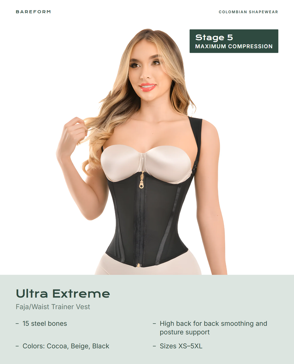 Ultra Extreme Faja/Waist Trainer Vest – features: 15 steel bones, High back for back smoothing and posture support, Colors: Cocoa, Beige, Black, Sizes XS–5XL