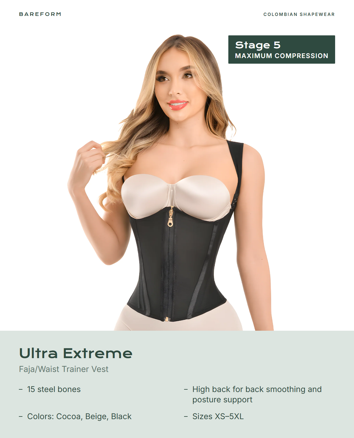 Ultra Extreme Faja/Waist Trainer Vest – features: 15 steel bones, High back for back smoothing and posture support, Colors: Cocoa, Beige, Black, Sizes XS–5XL